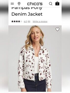 Chico's White Denim Jacket with Brown Print